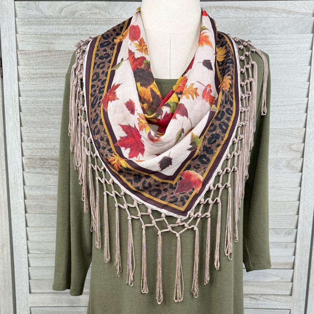 CACTUS + PEARL Olive Green 3/4 Sleeve Midi Dress w Removable Scarf Fall/Boho-M - Picture 2 of 3